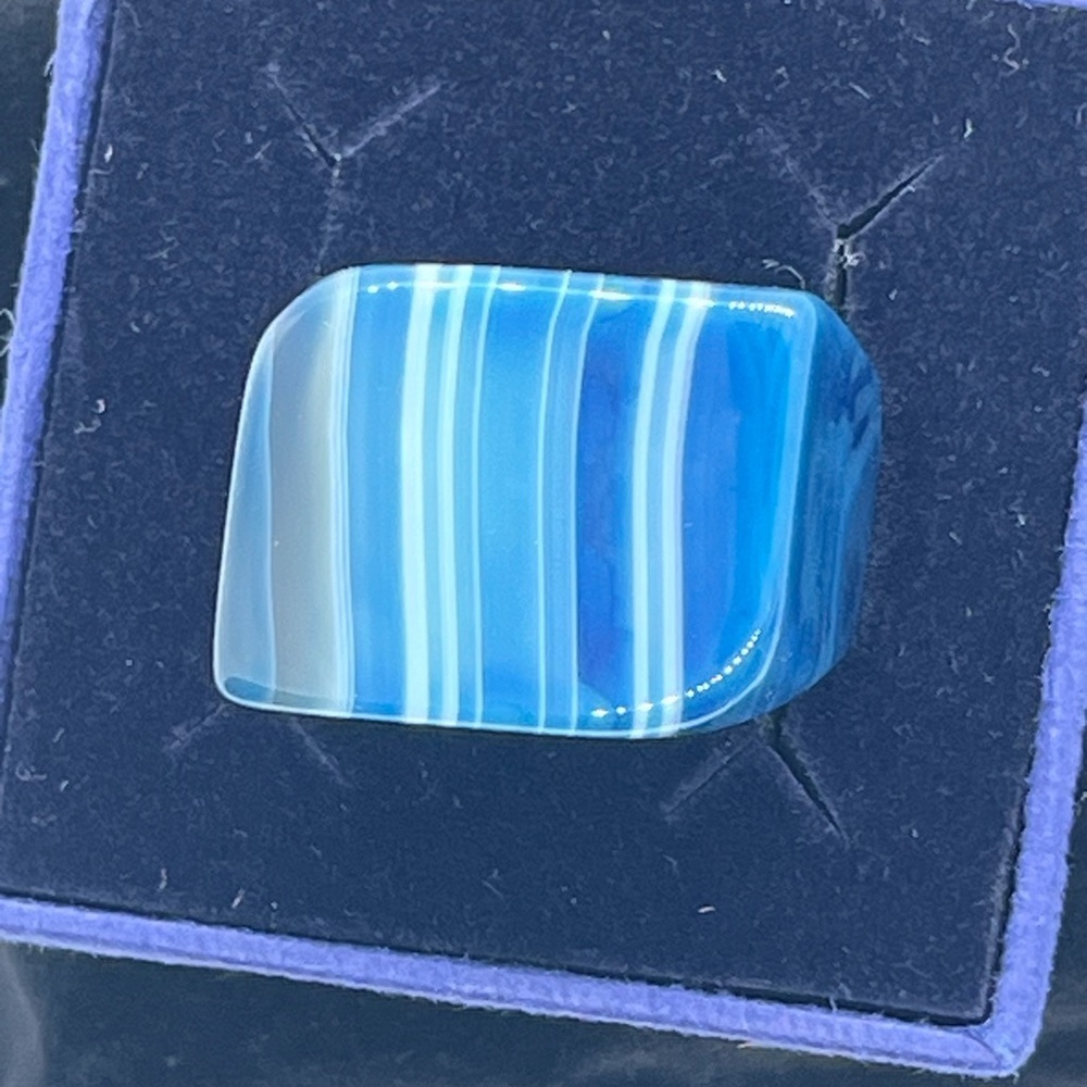 Natural Blue Agate Striped Carved Ring, One of a kind!